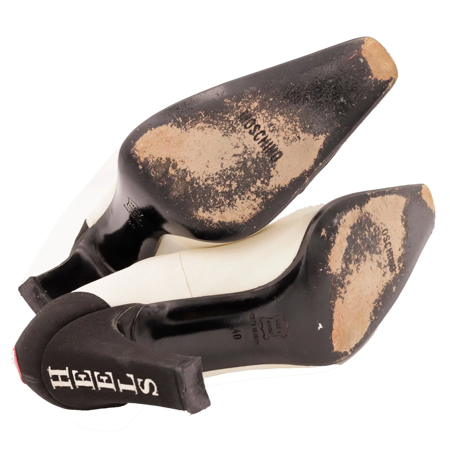 1990s Moschino Black & Ivory I Love Heels Red Heart Pumps w Original Shoe Box
