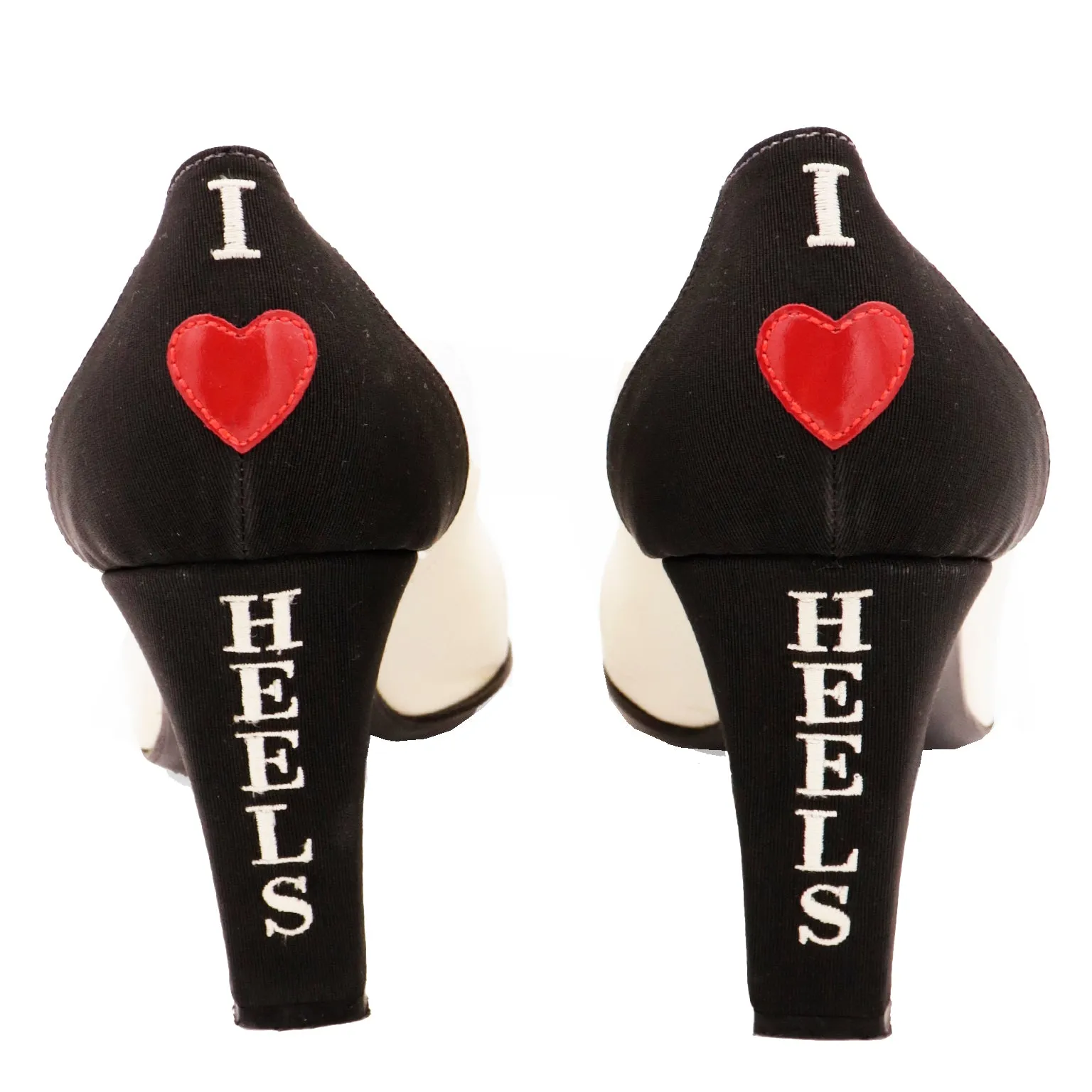 1990s Moschino Black & Ivory I Love Heels Red Heart Pumps w Original Shoe Box