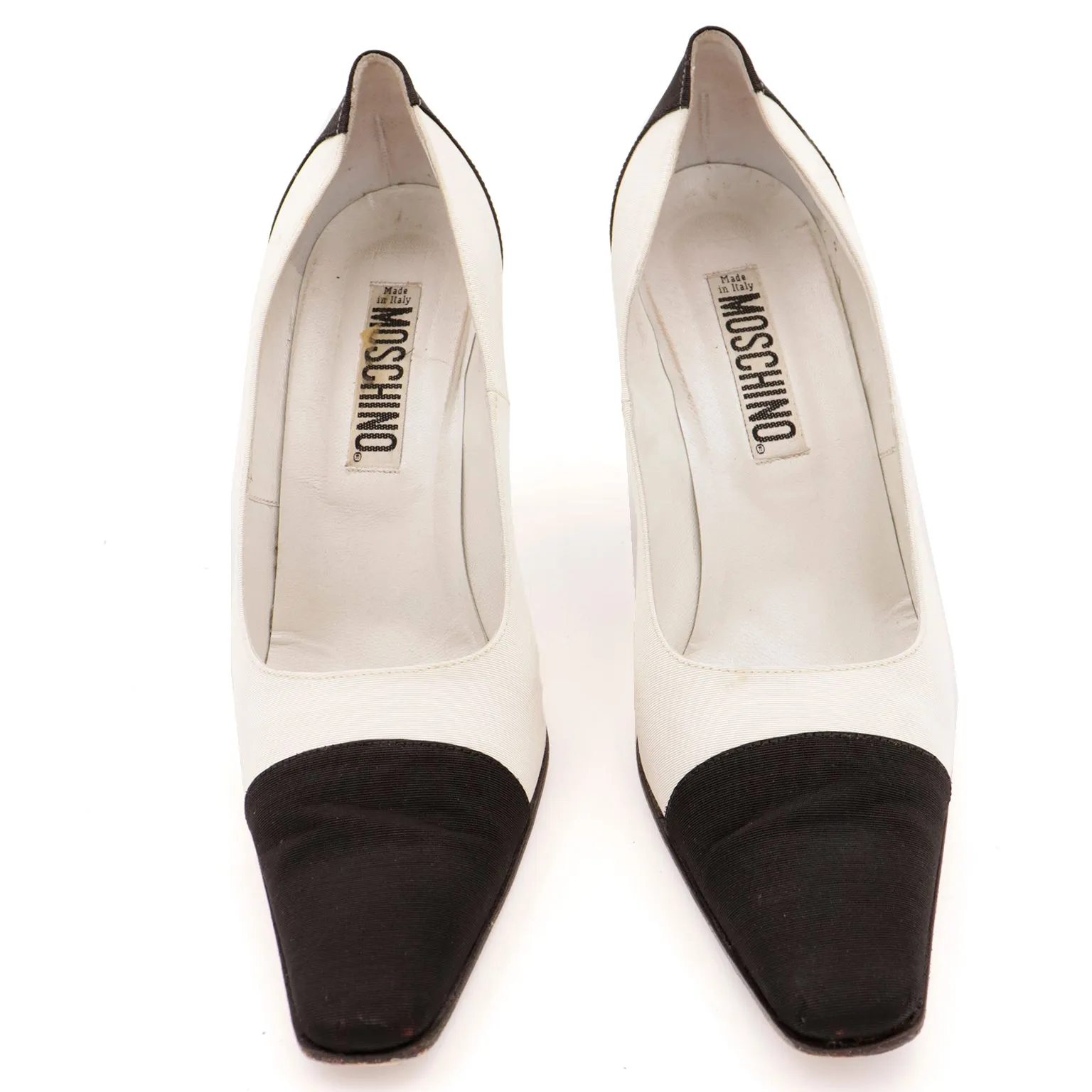 1990s Moschino Black & Ivory I Love Heels Red Heart Pumps w Original Shoe Box