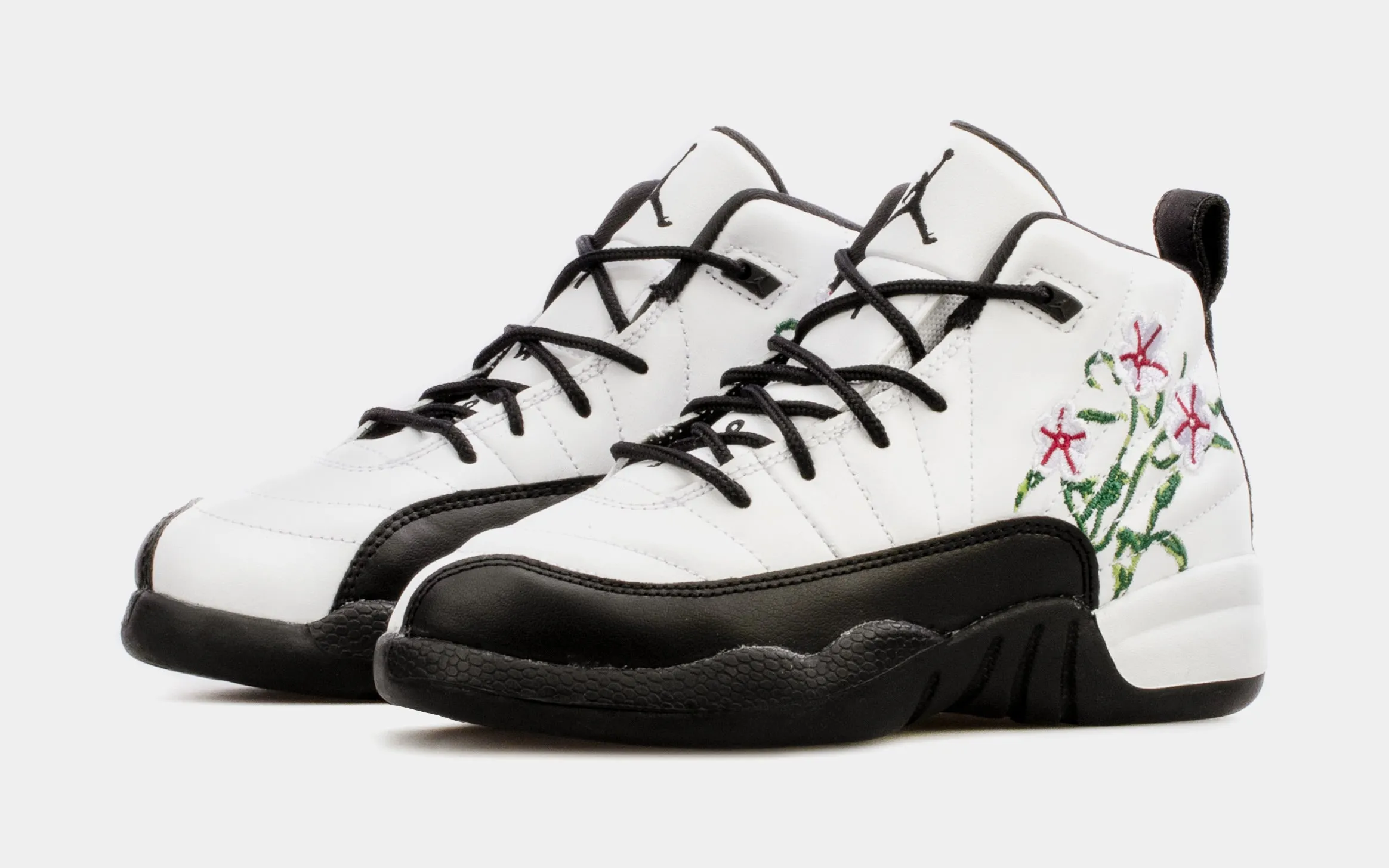 Air Jordan 12 Retro Floral Preschool Lifestyle Shoes (Black/White)