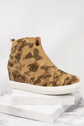 Back In My Life Tan Camo Wedge Sneakers