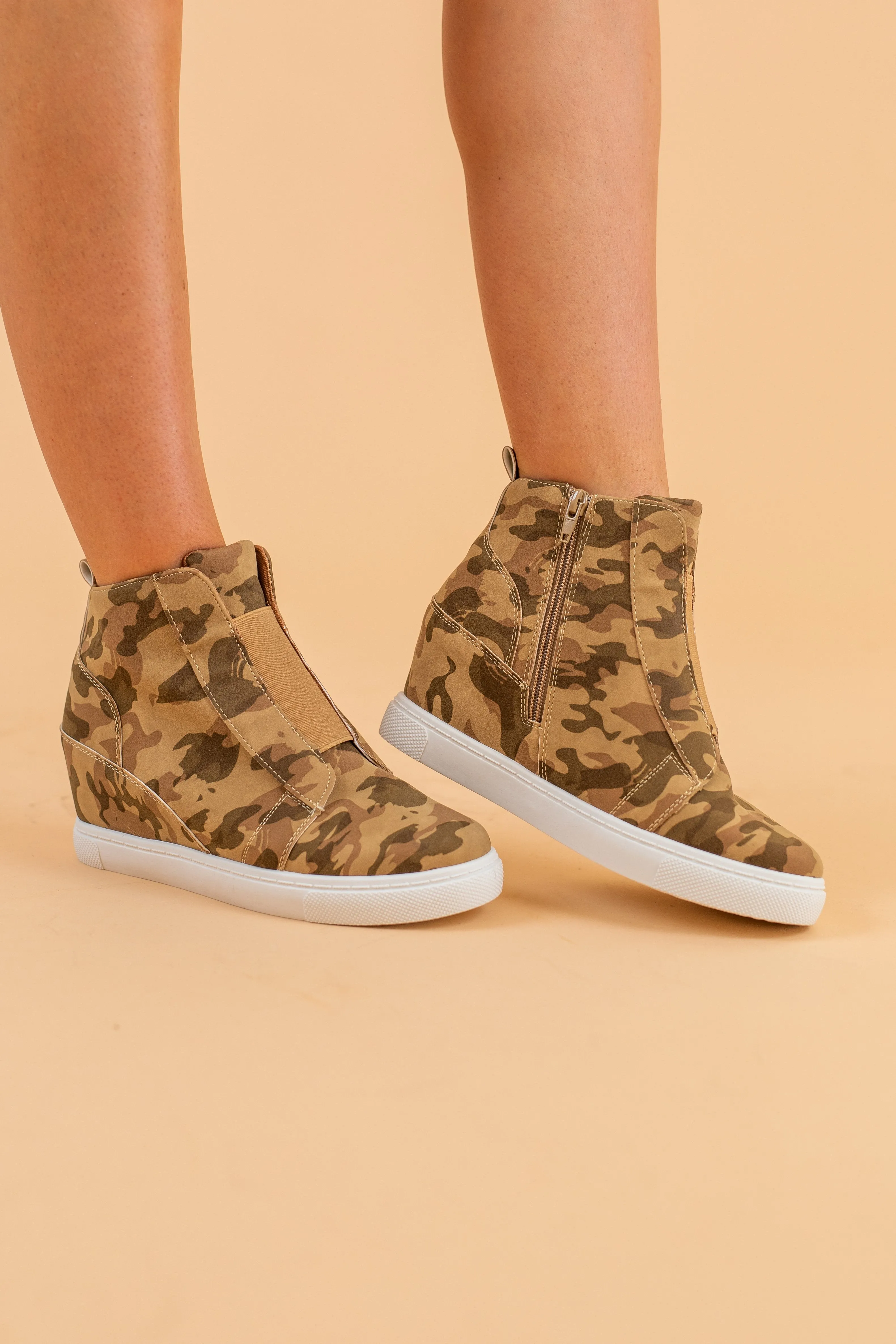 Back In My Life Tan Camo Wedge Sneakers