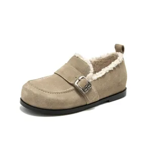 BeauToday Plush Lined Flat Shoes Round Toe Slip-on Casual Flat Shoes for Women Buckle Strap Fuzzy Flats