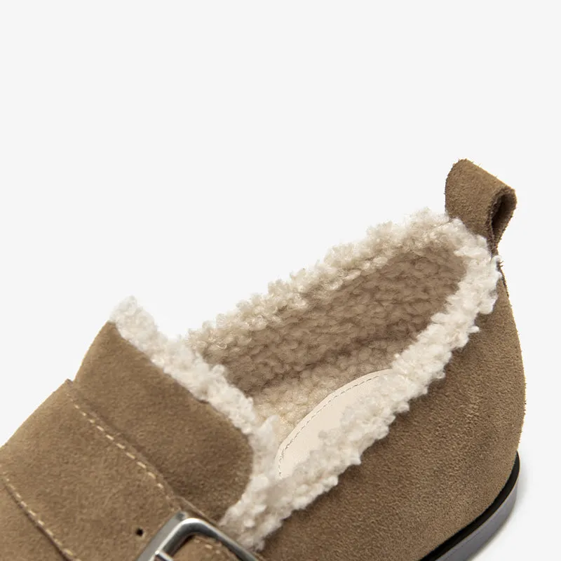 BeauToday Plush Lined Flat Shoes Round Toe Slip-on Casual Flat Shoes for Women Buckle Strap Fuzzy Flats