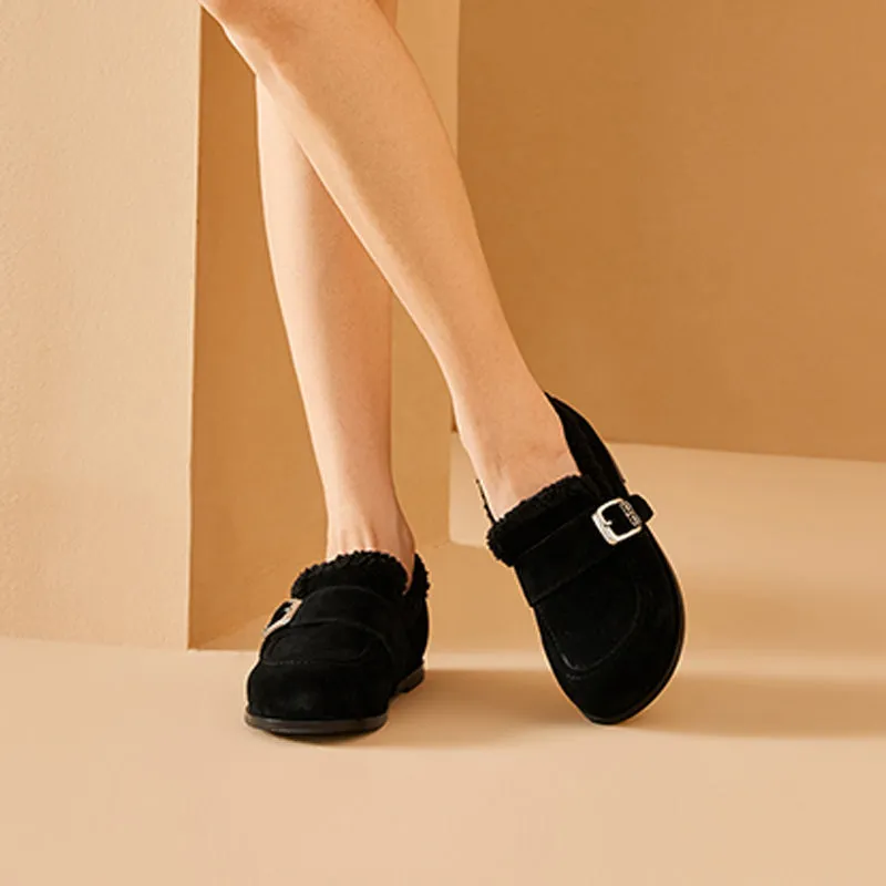 BeauToday Plush Lined Flat Shoes Round Toe Slip-on Casual Flat Shoes for Women Buckle Strap Fuzzy Flats