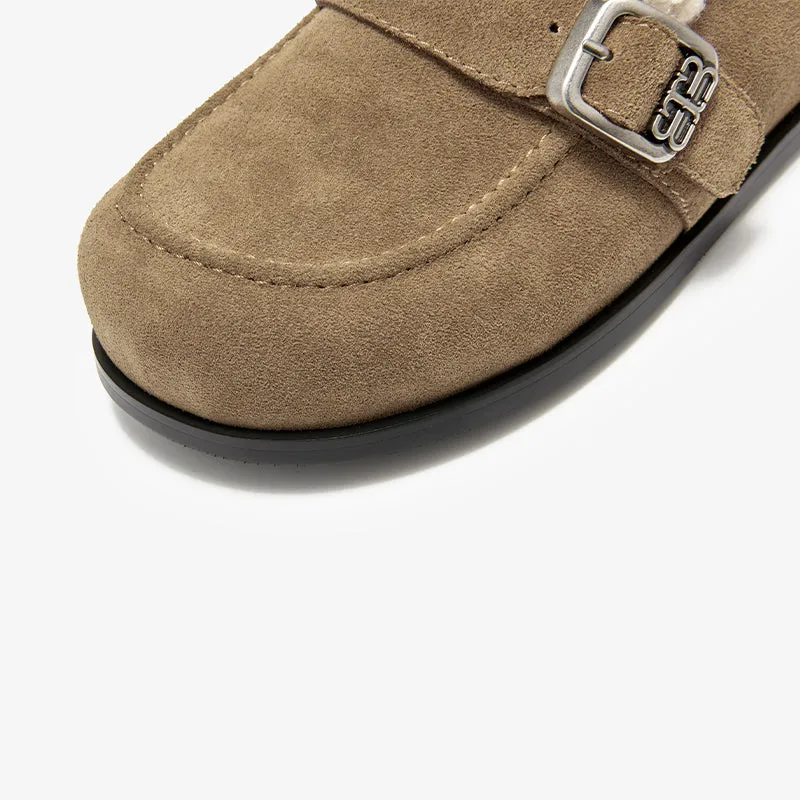 BeauToday Plush Lined Flat Shoes Round Toe Slip-on Casual Flat Shoes for Women Buckle Strap Fuzzy Flats