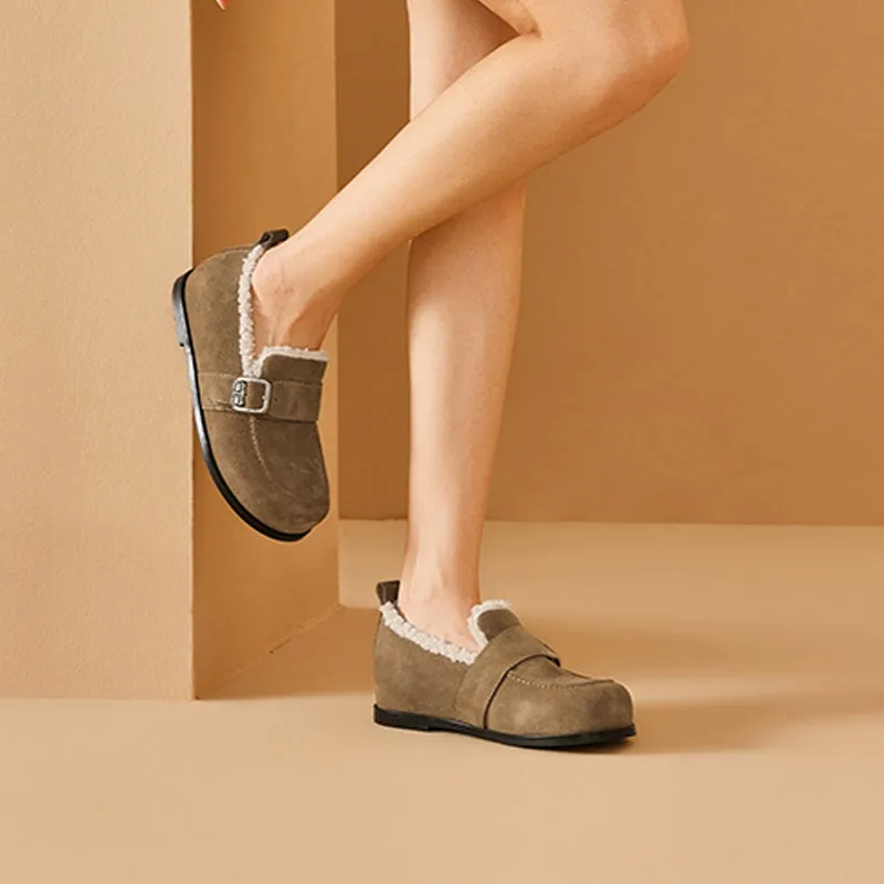 BeauToday Plush Lined Flat Shoes Round Toe Slip-on Casual Flat Shoes for Women Buckle Strap Fuzzy Flats