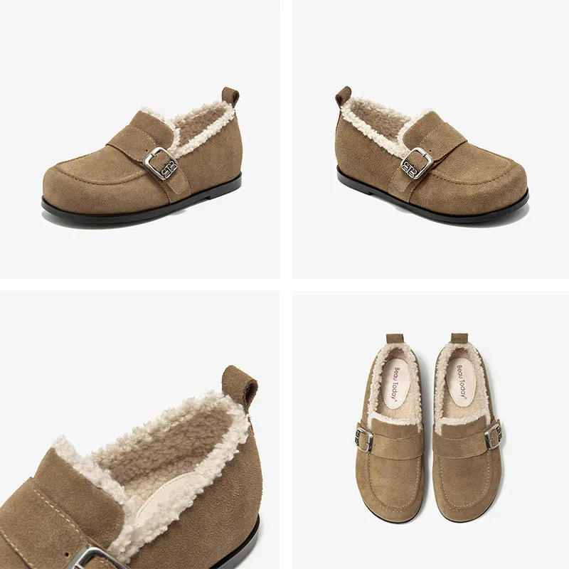 BeauToday Plush Lined Flat Shoes Round Toe Slip-on Casual Flat Shoes for Women Buckle Strap Fuzzy Flats
