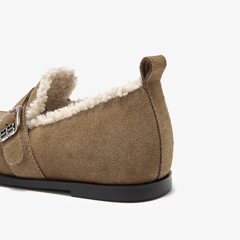 BeauToday Plush Lined Flat Shoes Round Toe Slip-on Casual Flat Shoes for Women Buckle Strap Fuzzy Flats