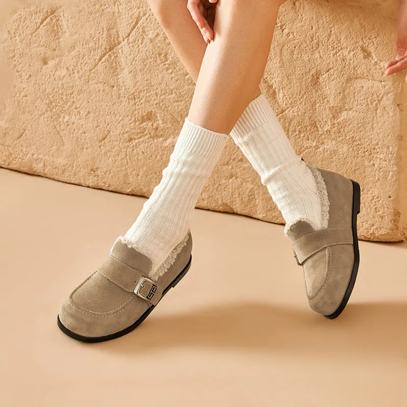 BeauToday Plush Lined Flat Shoes Round Toe Slip-on Casual Flat Shoes for Women Buckle Strap Fuzzy Flats