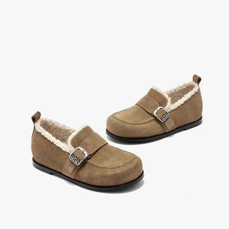 BeauToday Plush Lined Flat Shoes Round Toe Slip-on Casual Flat Shoes for Women Buckle Strap Fuzzy Flats