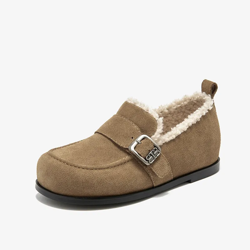 BeauToday Plush Lined Flat Shoes Round Toe Slip-on Casual Flat Shoes for Women Buckle Strap Fuzzy Flats