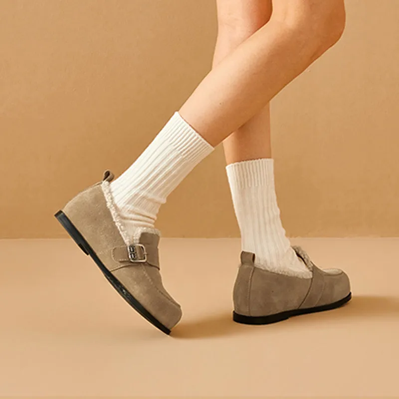 BeauToday Plush Lined Flat Shoes Round Toe Slip-on Casual Flat Shoes for Women Buckle Strap Fuzzy Flats