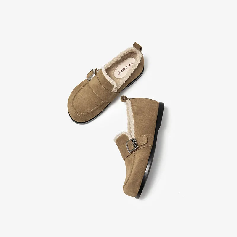 BeauToday Plush Lined Flat Shoes Round Toe Slip-on Casual Flat Shoes for Women Buckle Strap Fuzzy Flats