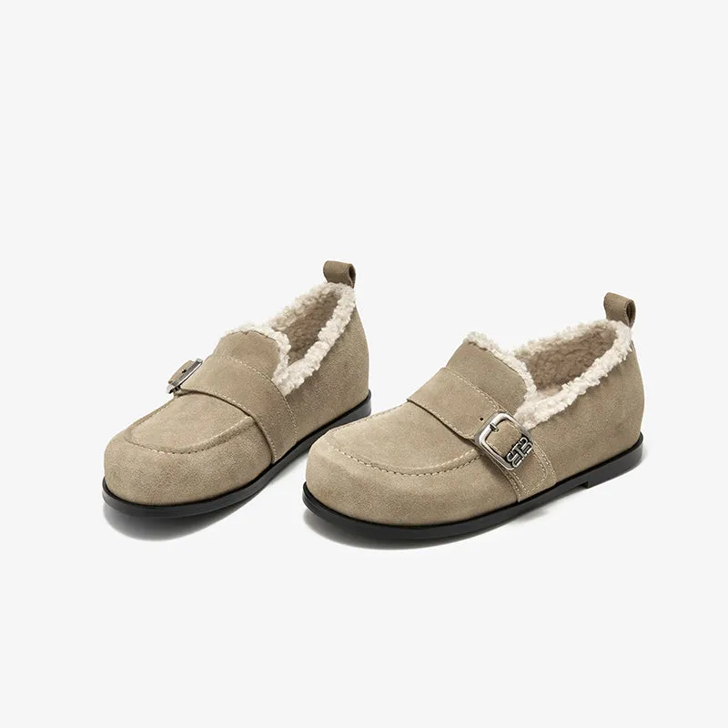 BeauToday Plush Lined Flat Shoes Round Toe Slip-on Casual Flat Shoes for Women Buckle Strap Fuzzy Flats