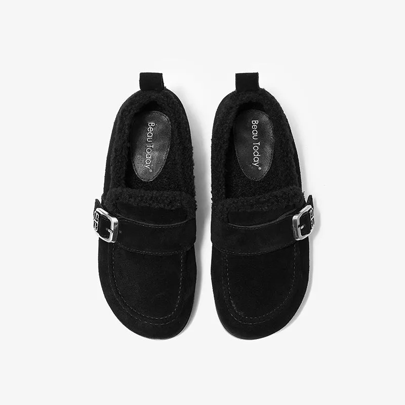 BeauToday Plush Lined Flat Shoes Round Toe Slip-on Casual Flat Shoes for Women Buckle Strap Fuzzy Flats