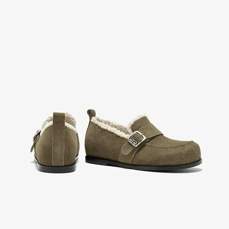 BeauToday Plush Lined Flat Shoes Round Toe Slip-on Casual Flat Shoes for Women Buckle Strap Fuzzy Flats