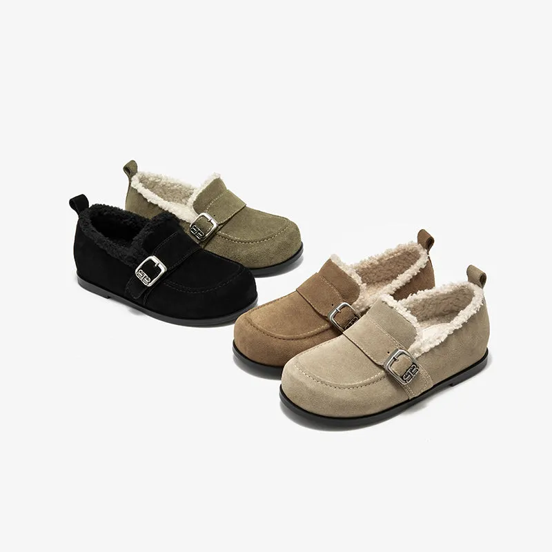 BeauToday Plush Lined Flat Shoes Round Toe Slip-on Casual Flat Shoes for Women Buckle Strap Fuzzy Flats