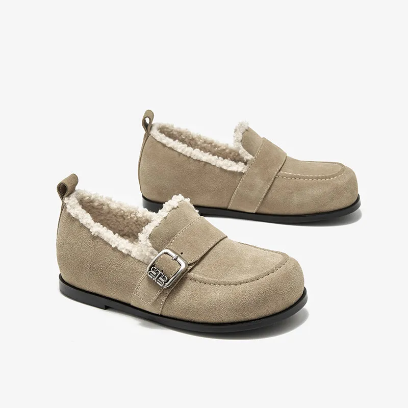 BeauToday Plush Lined Flat Shoes Round Toe Slip-on Casual Flat Shoes for Women Buckle Strap Fuzzy Flats