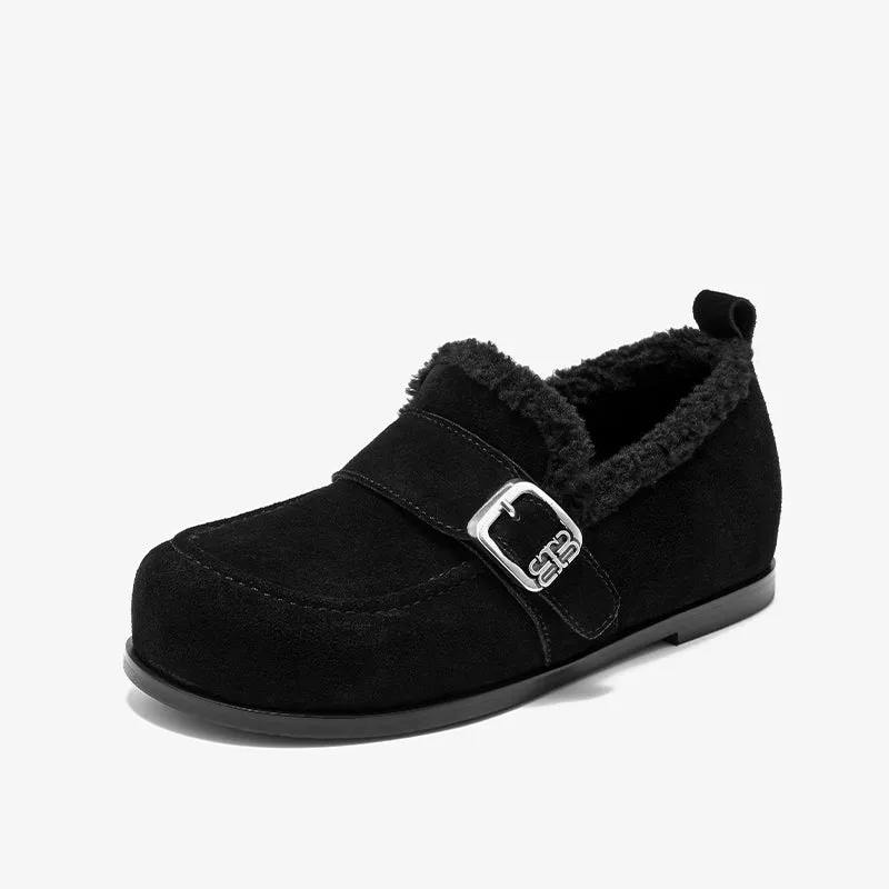 BeauToday Plush Lined Flat Shoes Round Toe Slip-on Casual Flat Shoes for Women Buckle Strap Fuzzy Flats