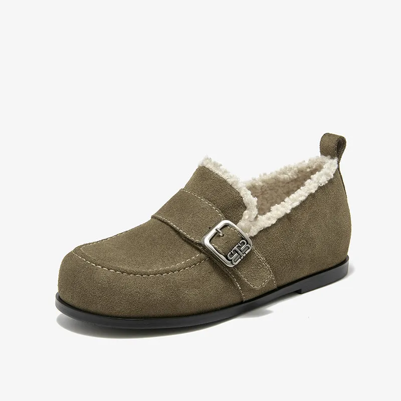 BeauToday Plush Lined Flat Shoes Round Toe Slip-on Casual Flat Shoes for Women Buckle Strap Fuzzy Flats