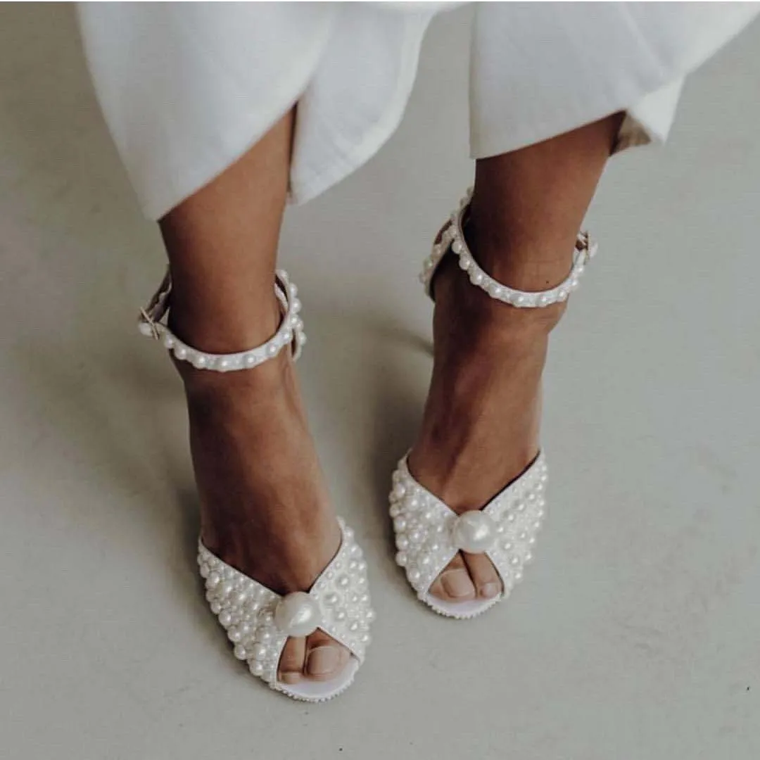 Beige pearls peep toe ankle strap wedding party dress heels