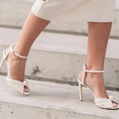Beige pearls peep toe ankle strap wedding party dress heels