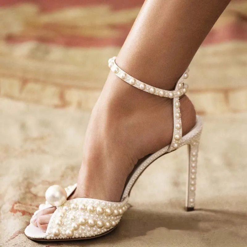 Beige pearls peep toe ankle strap wedding party dress heels