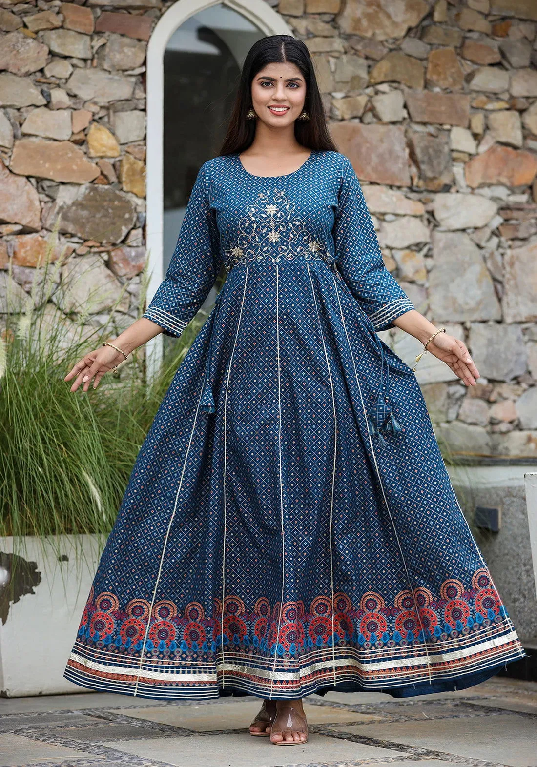 Blue Gold Printed Cotton Ethnic Dress (pack of 1)
