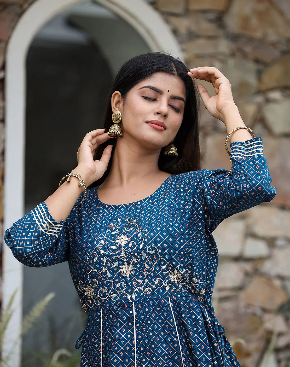 Blue Gold Printed Cotton Ethnic Dress (pack of 1)