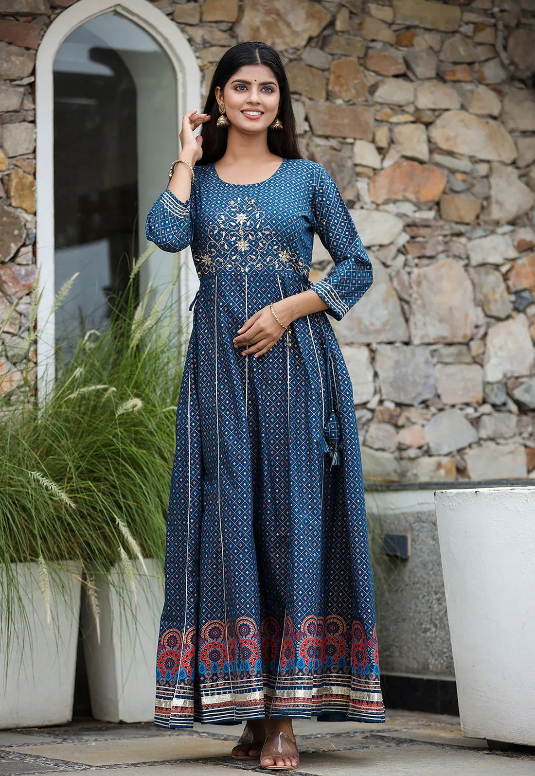 Blue Gold Printed Cotton Ethnic Dress (pack of 1)
