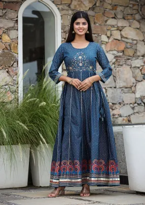 Blue Gold Printed Cotton Ethnic Dress (pack of 1)