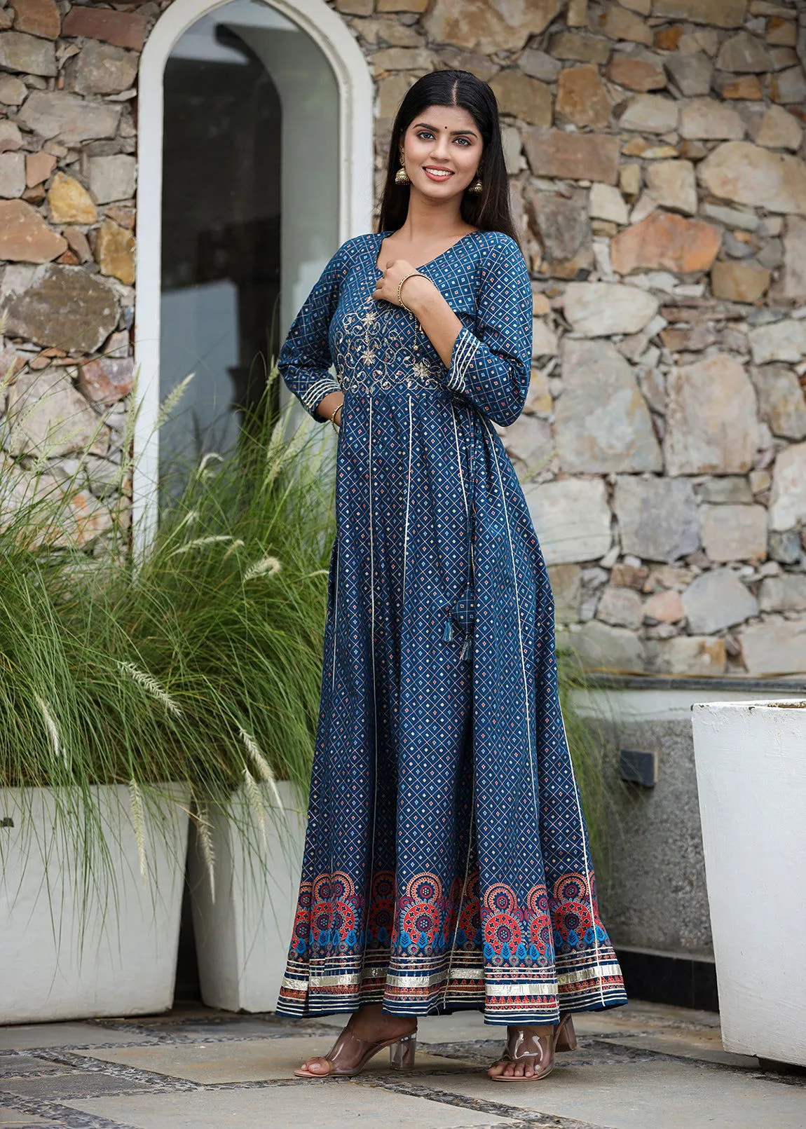 Blue Gold Printed Cotton Ethnic Dress (pack of 1)