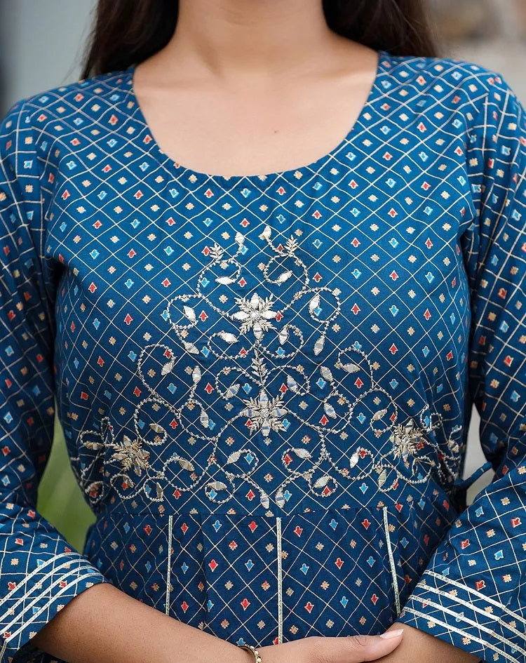 Blue Gold Printed Cotton Ethnic Dress (pack of 1)