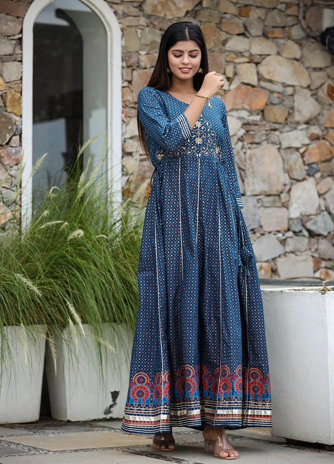 Blue Gold Printed Cotton Ethnic Dress (pack of 1)