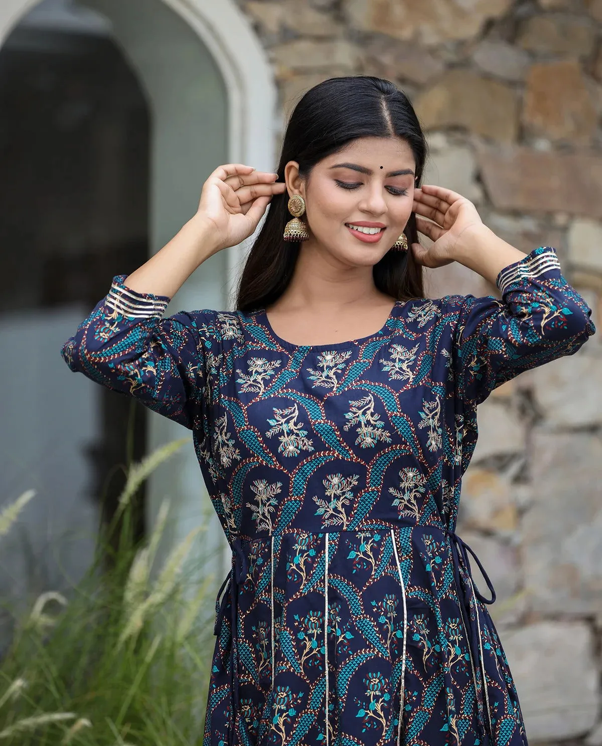 Blue Gold Printed Embroidered Cotton Ethnic Dress (pack of 1)