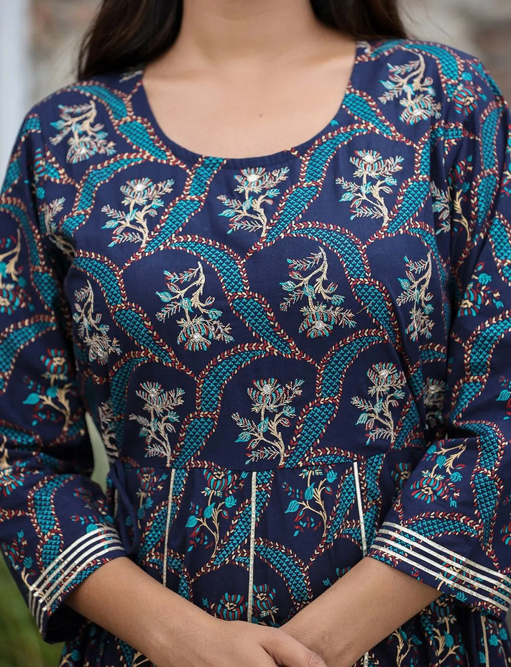 Blue Gold Printed Embroidered Cotton Ethnic Dress (pack of 1)
