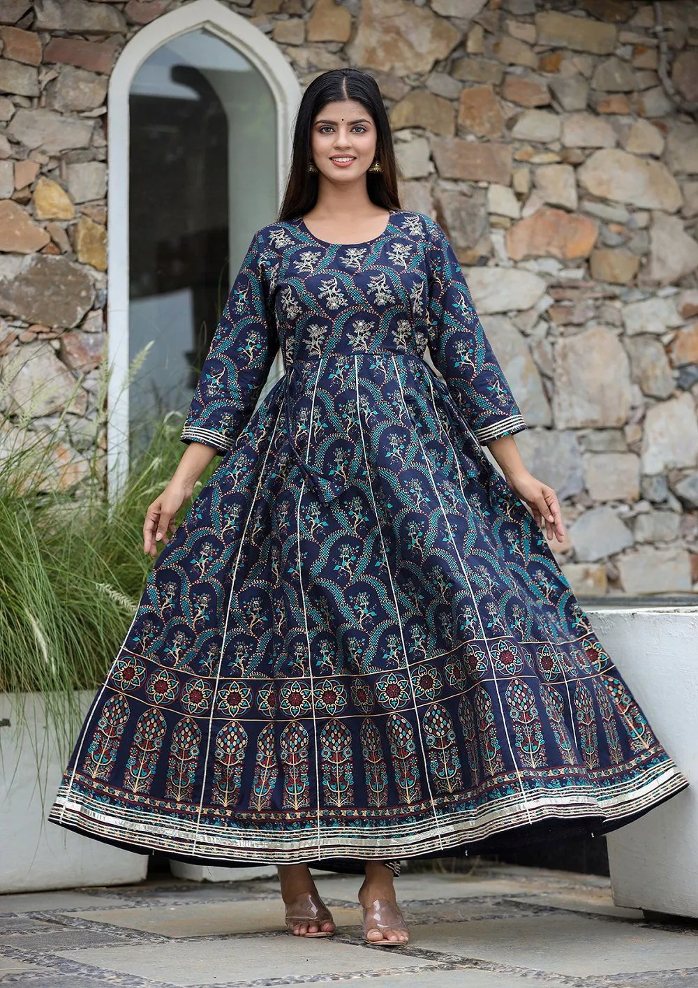 Blue Gold Printed Embroidered Cotton Ethnic Dress (pack of 1)