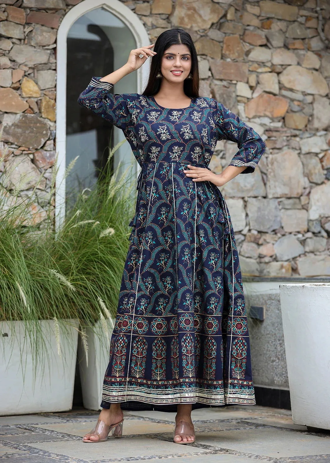 Blue Gold Printed Embroidered Cotton Ethnic Dress (pack of 1)