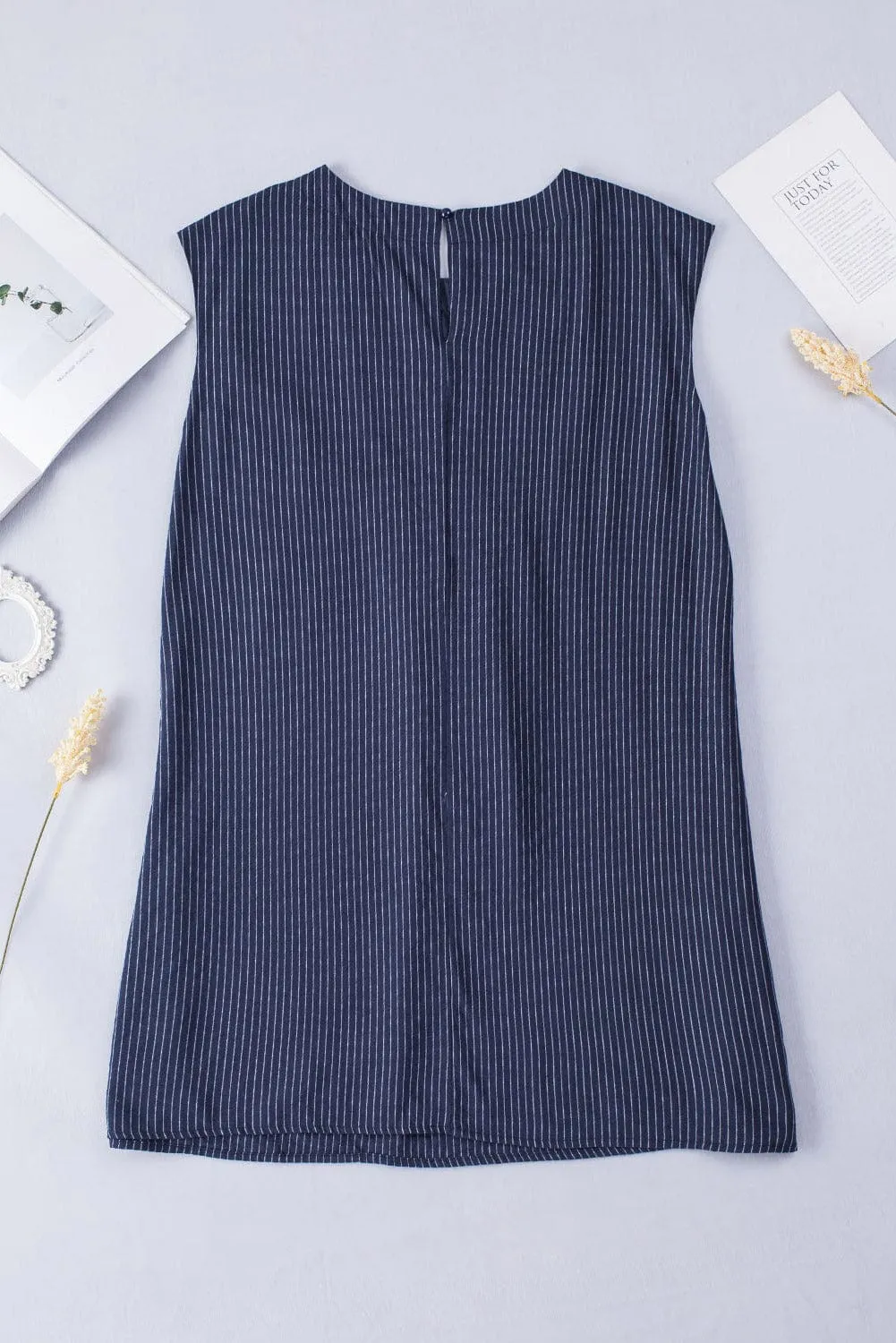 Blue Striped Embroidered Sleeveless Mini Dress with Southern Belle Style