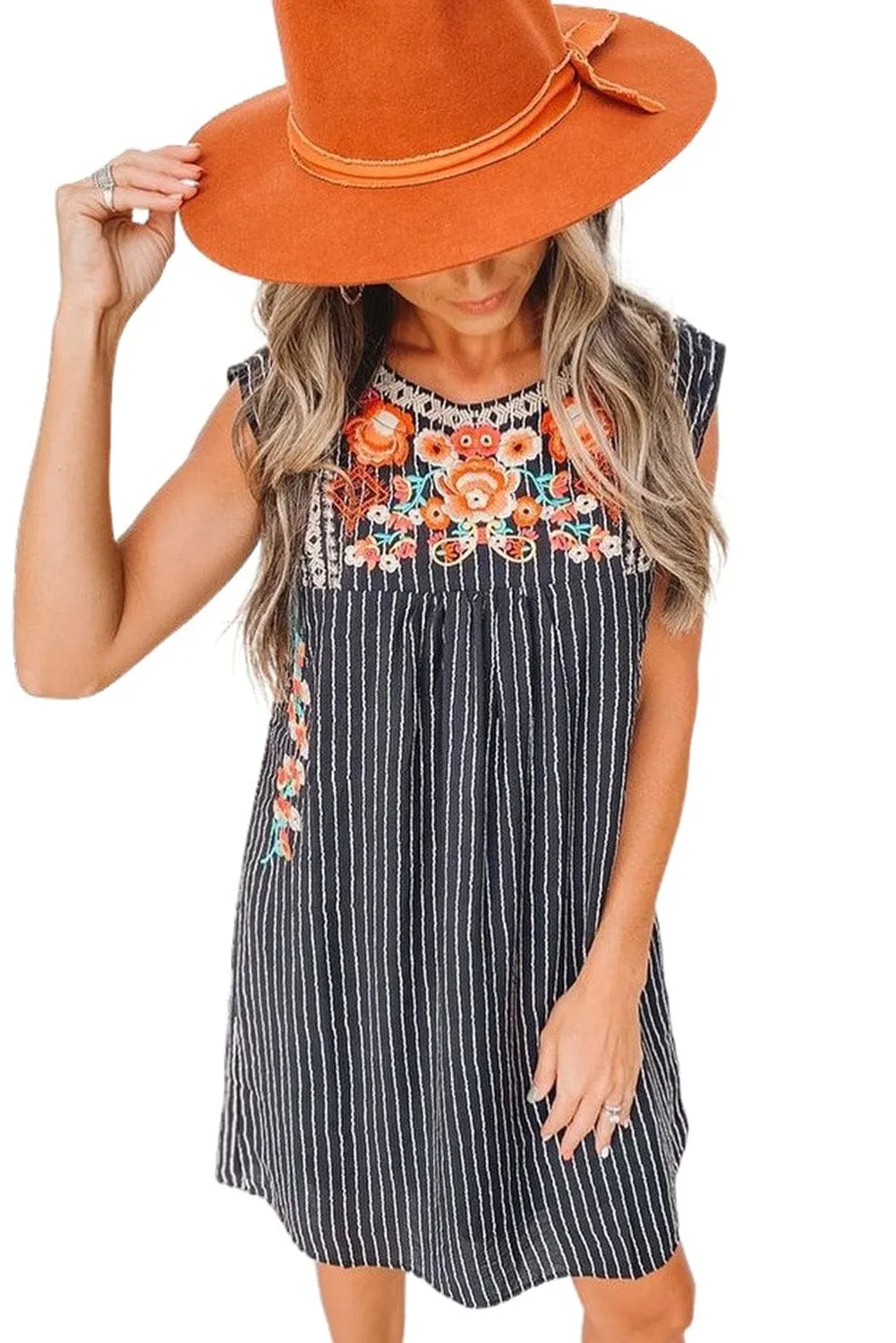 Blue Striped Embroidered Sleeveless Mini Dress with Southern Belle Style