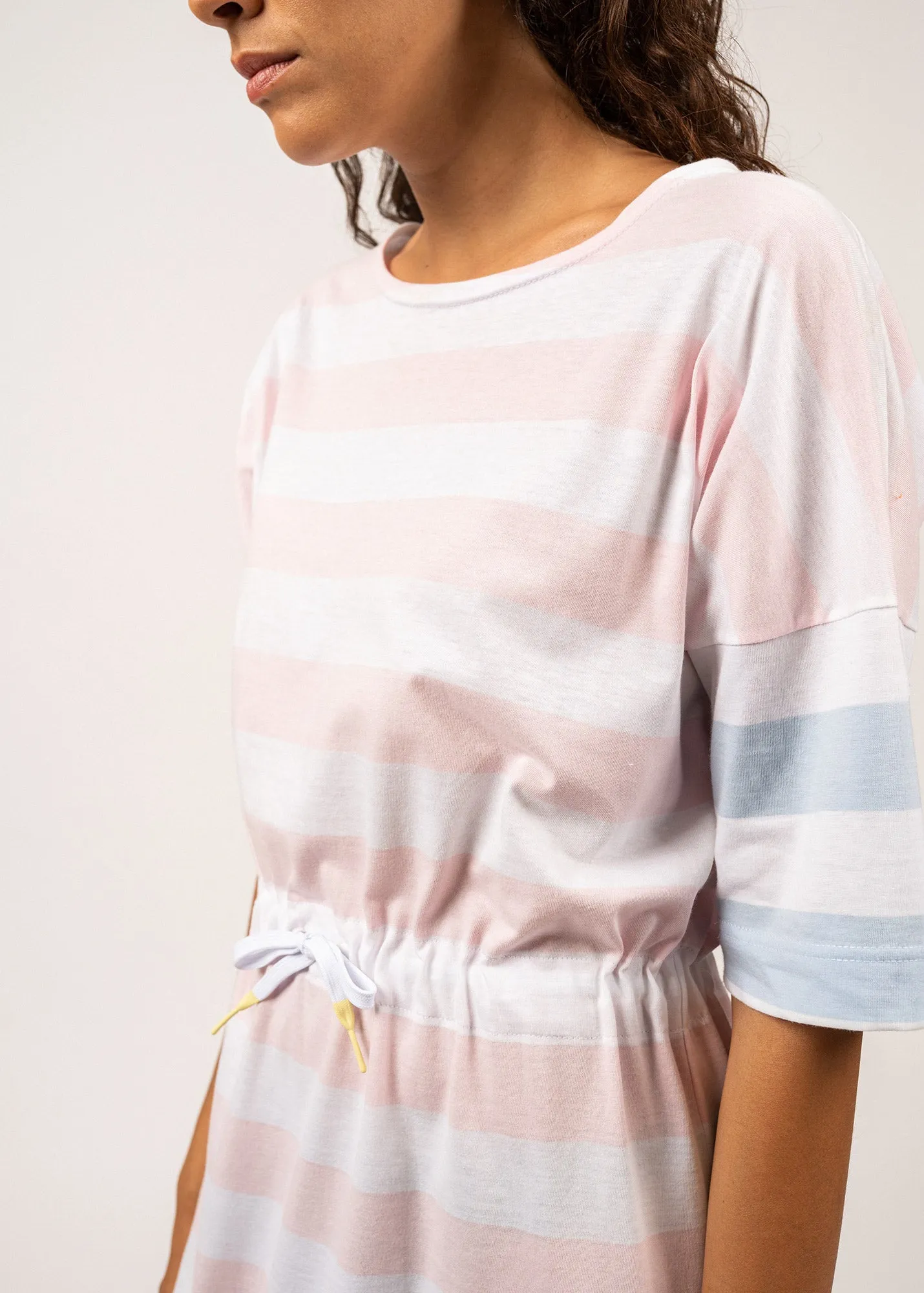 CARANTEC - Cotton Sweatshirt Dress with Short Sleeves (WHITE / PALE PINK / LIGHT BLUE)