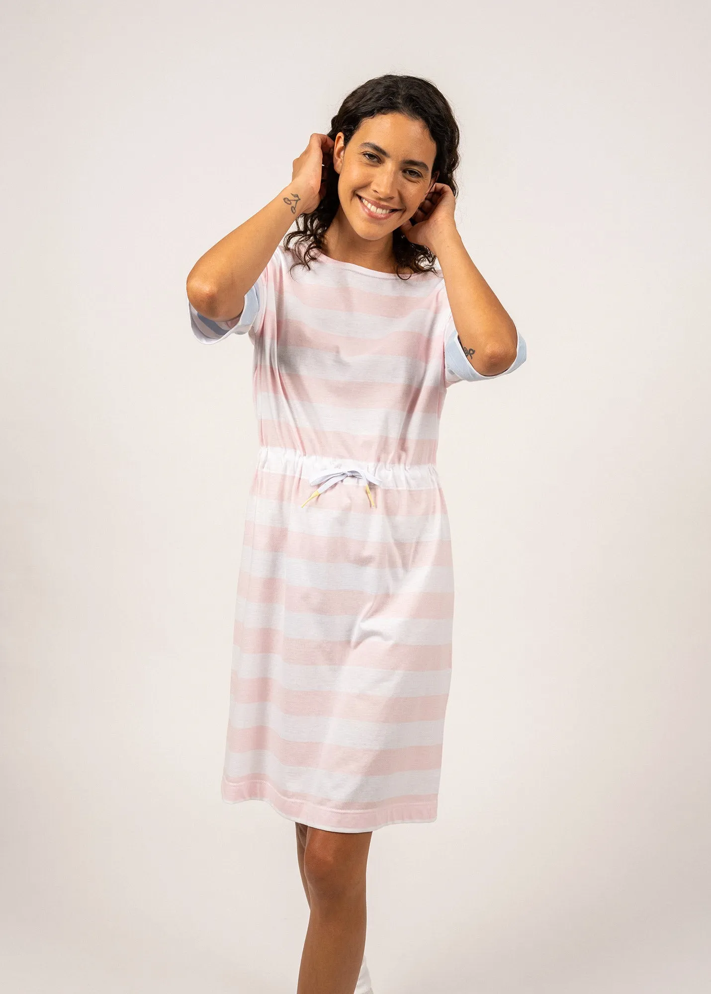 CARANTEC - Cotton Sweatshirt Dress with Short Sleeves (WHITE / PALE PINK / LIGHT BLUE)