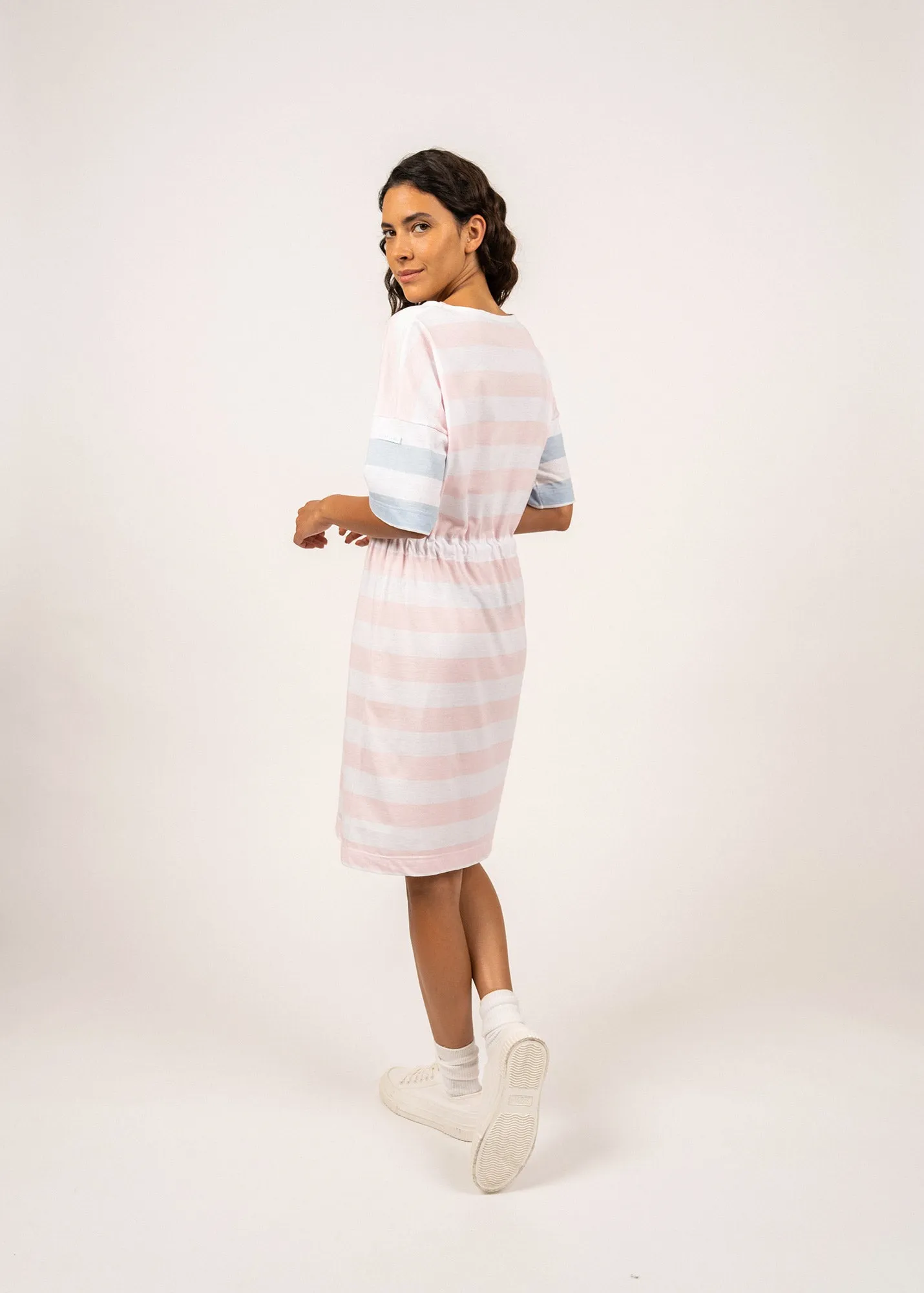 CARANTEC - Cotton Sweatshirt Dress with Short Sleeves (WHITE / PALE PINK / LIGHT BLUE)