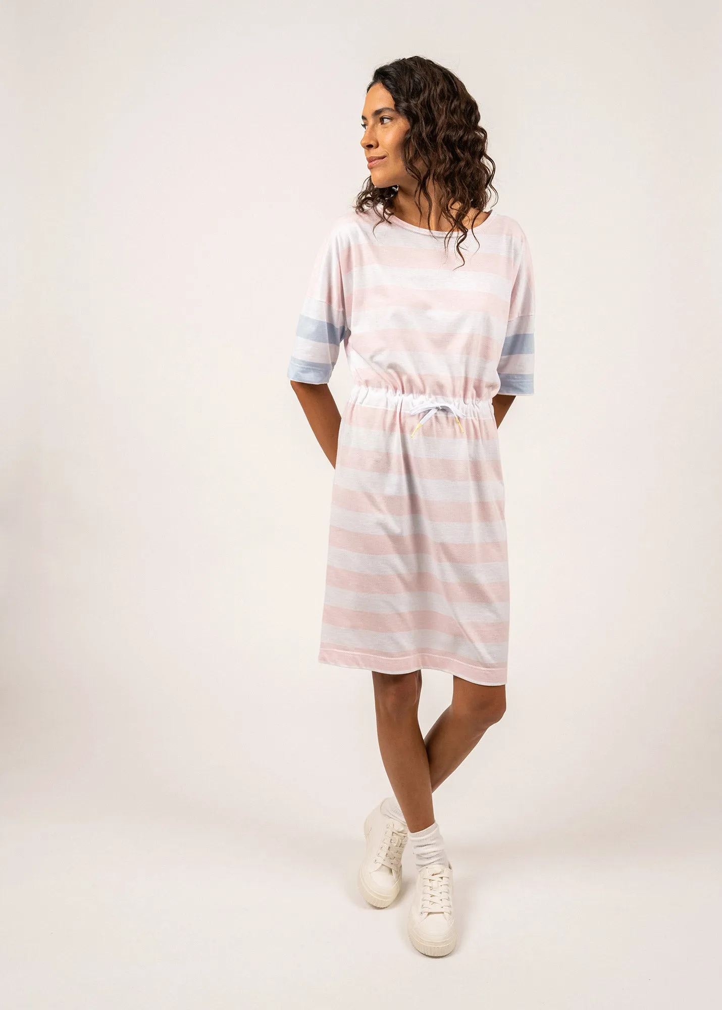 CARANTEC - Cotton Sweatshirt Dress with Short Sleeves (WHITE / PALE PINK / LIGHT BLUE)