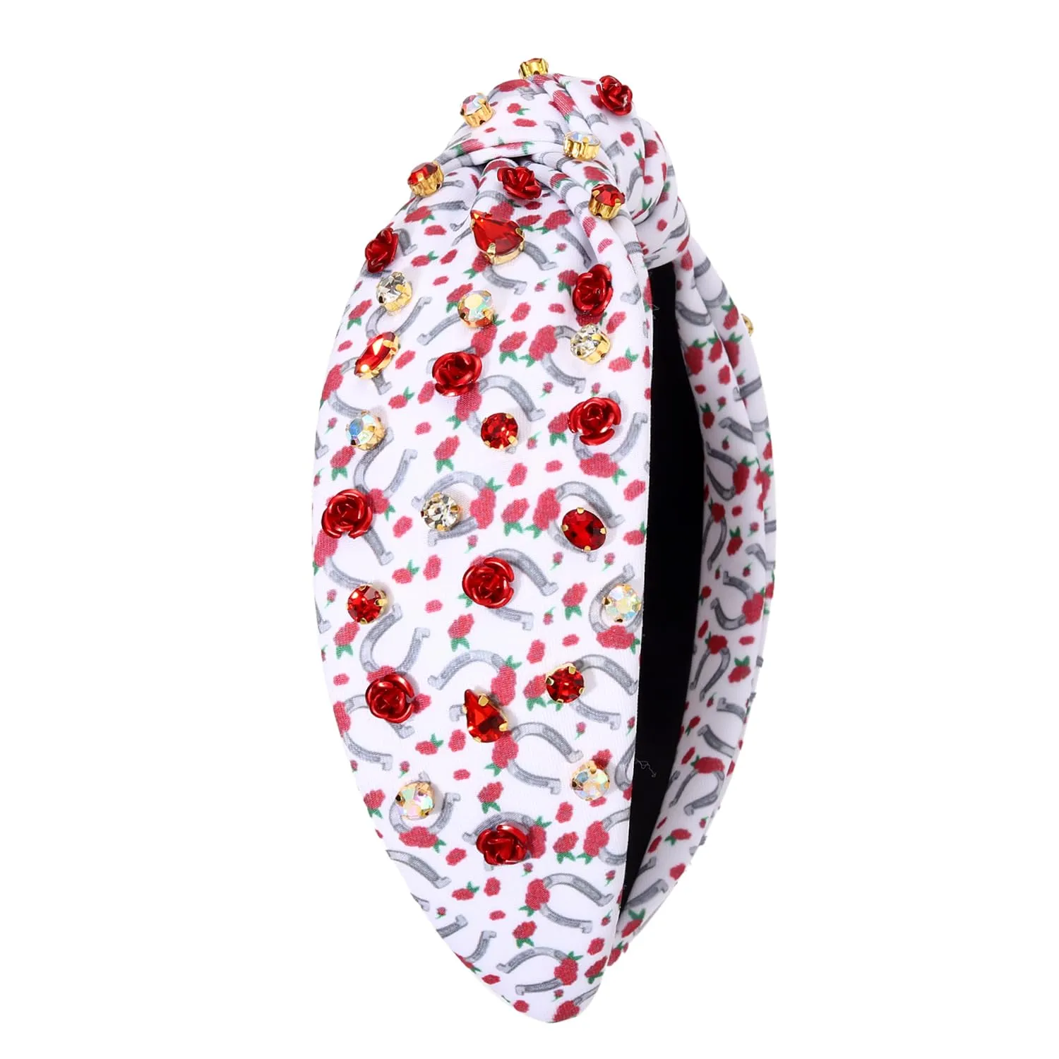CEALXHENY Kentucky Derby Headband for Women - White, Beaded Horseshoe Motif with Rhinestones, Top Knot Headband, Hair Accessory for Derby Day, Party, Gift, Horse Racing Enthusiasts