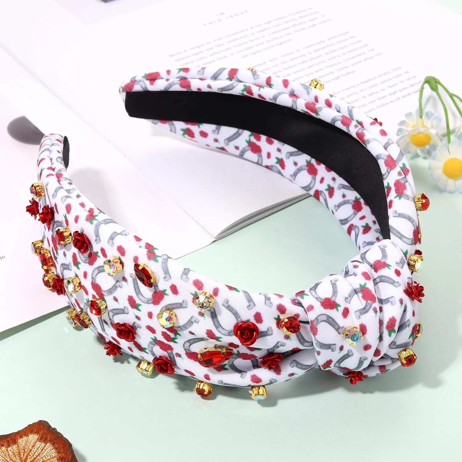 CEALXHENY Kentucky Derby Headband for Women - White, Beaded Horseshoe Motif with Rhinestones, Top Knot Headband, Hair Accessory for Derby Day, Party, Gift, Horse Racing Enthusiasts