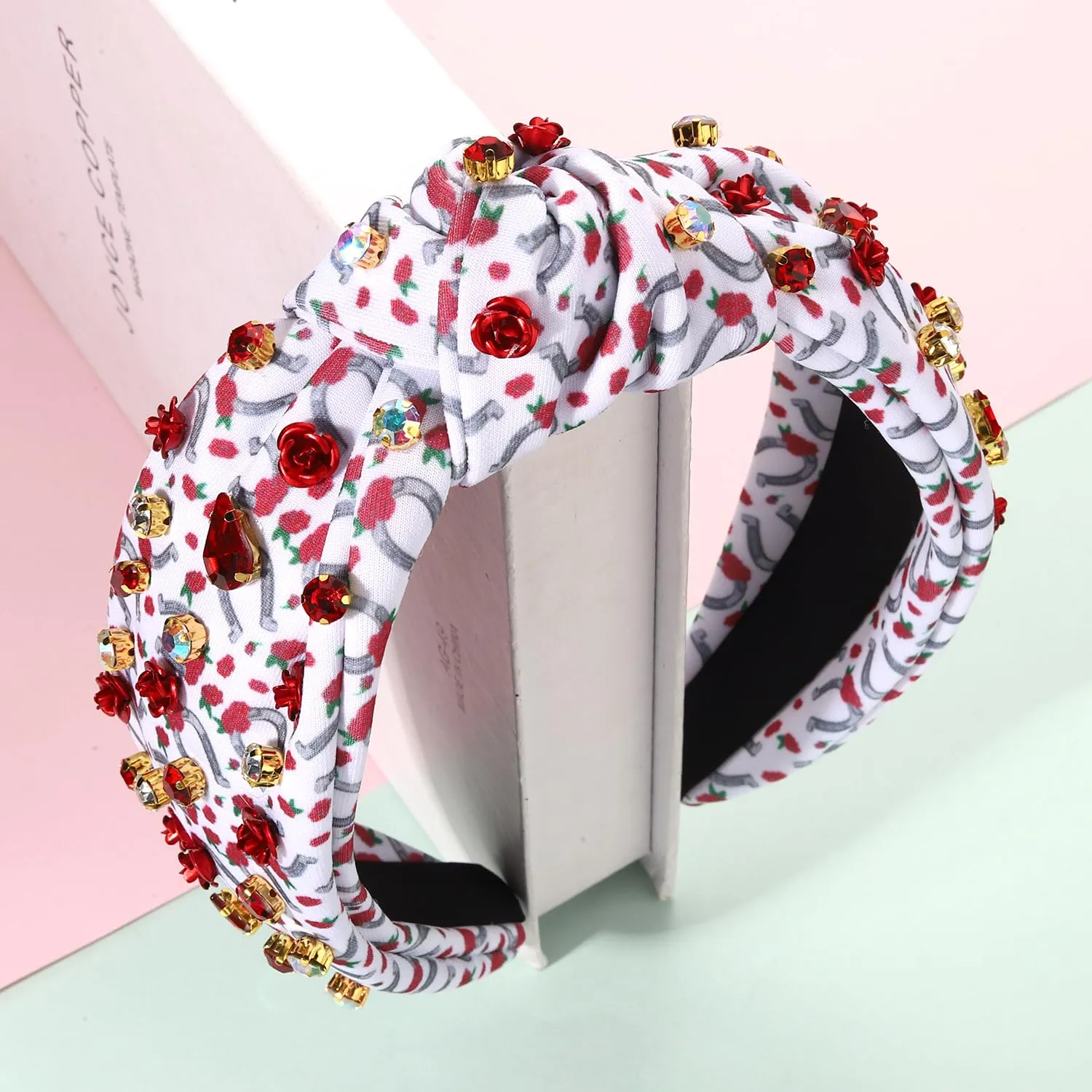 CEALXHENY Kentucky Derby Headband for Women - White, Beaded Horseshoe Motif with Rhinestones, Top Knot Headband, Hair Accessory for Derby Day, Party, Gift, Horse Racing Enthusiasts