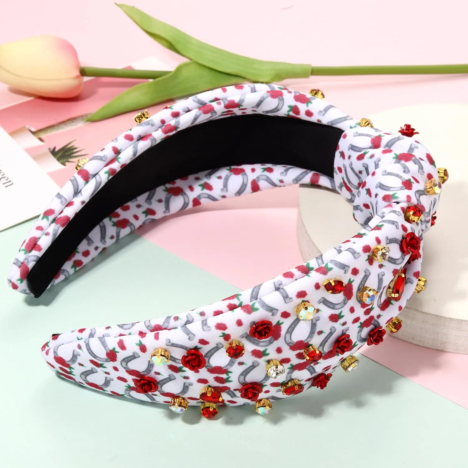 CEALXHENY Kentucky Derby Headband for Women - White, Beaded Horseshoe Motif with Rhinestones, Top Knot Headband, Hair Accessory for Derby Day, Party, Gift, Horse Racing Enthusiasts