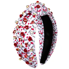 CEALXHENY Kentucky Derby Headband for Women - White, Beaded Horseshoe Motif with Rhinestones, Top Knot Headband, Hair Accessory for Derby Day, Party, Gift, Horse Racing Enthusiasts
